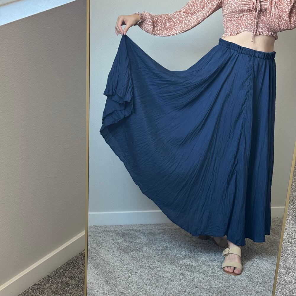 VTG Diane Von Furstenberg 100% Silk Maxi Skirt Navy Blue Boho Elastic Waist S-L